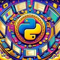 Python logo in the center with many computers around